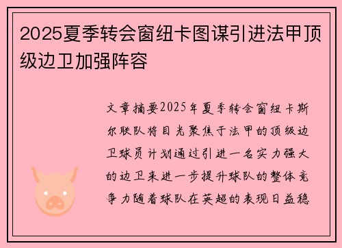 2025夏季转会窗纽卡图谋引进法甲顶级边卫加强阵容