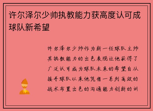 许尔泽尔少帅执教能力获高度认可成球队新希望